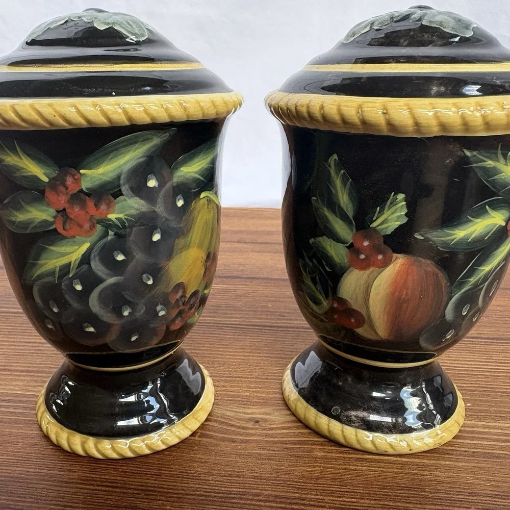 Raymond Waites Hand Painted Salt Pepper‎ Shakers Black Fruit Ceramic Set